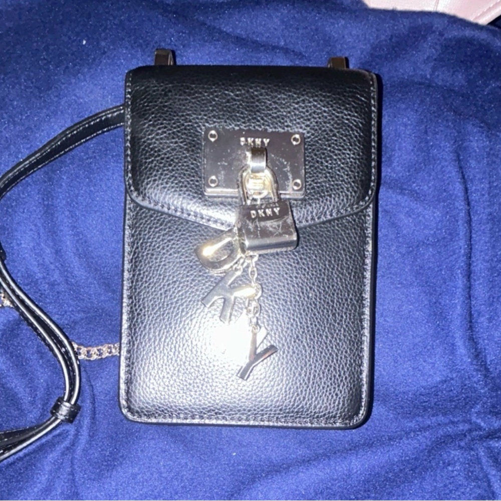 DKNY Black Leather Phone Crossbody with Logo Charm